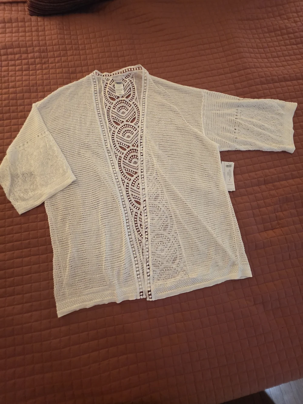 Chico's White Crochet-Front Open Weave Kimono Cardigan